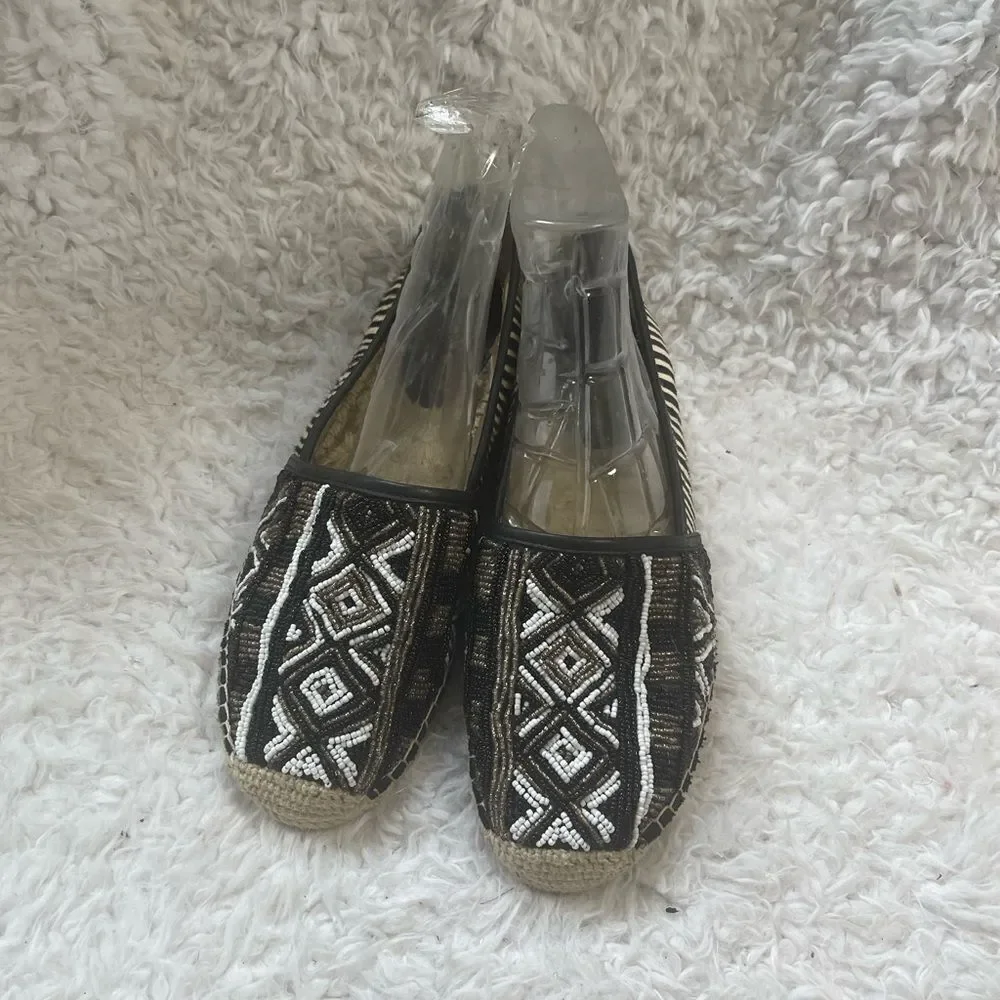 Sam Edelman Lida Beaded Geometric Black Gold White Leather Espadrilles SZ10.5M